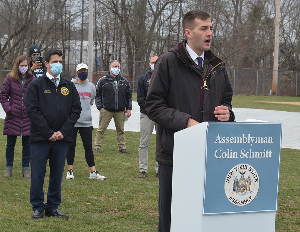 Assemblyman Colin Schmitt (R-New Windsor) speaks at a press conference calling for the state to authorize all sports throughout the state on Thursday at Smith Clove Park in Monroe.